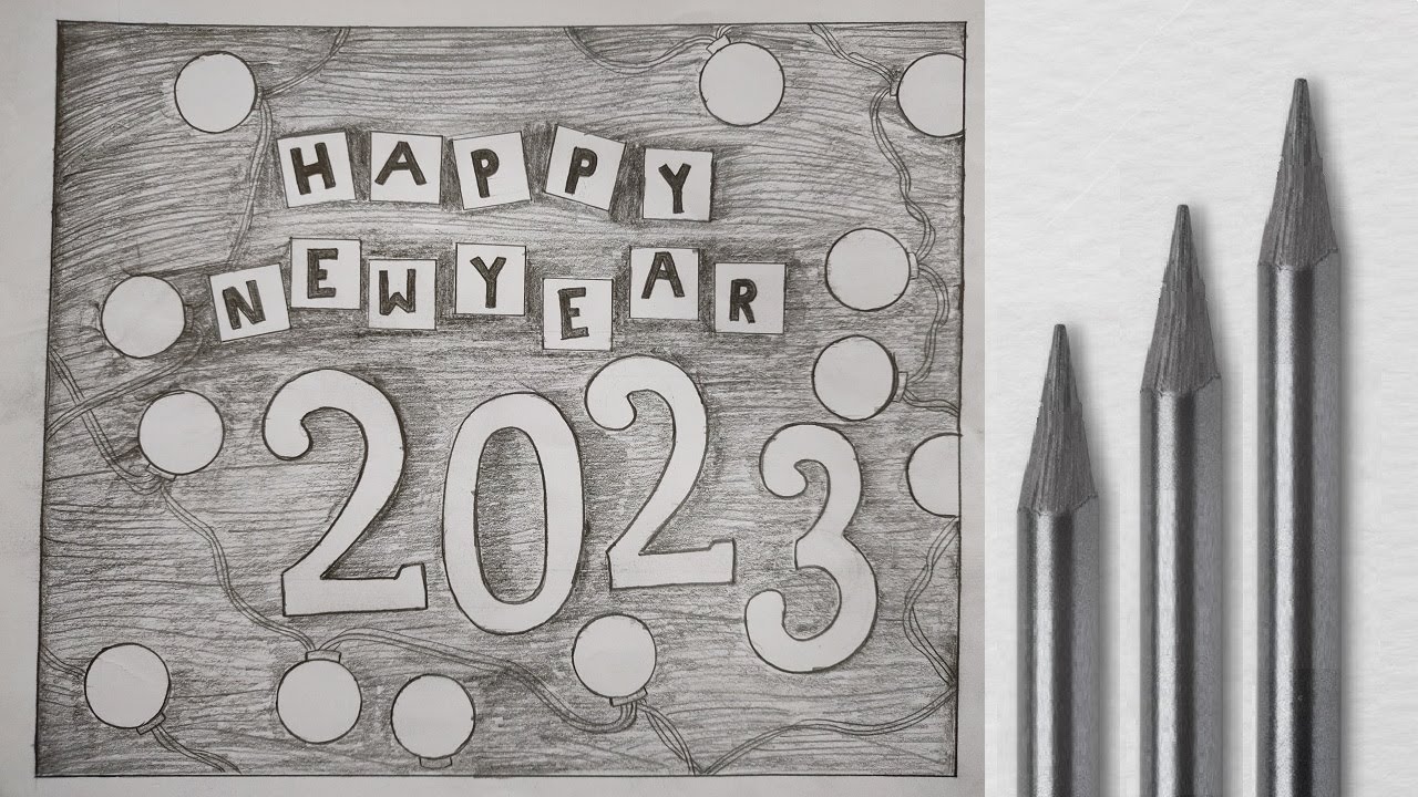 Happy new year 2023 drawing: Step by step easy drawing, know how to draw  greeting card drawing 2023. - YouTube