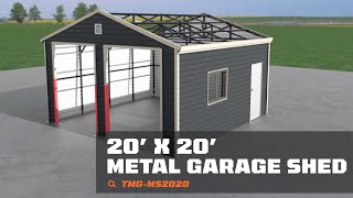 20’ x 20’ Metal Garage Shed, 9' High Double Front Doors, 13' Peak, 400 Sq-Ft - TMG-MS2020