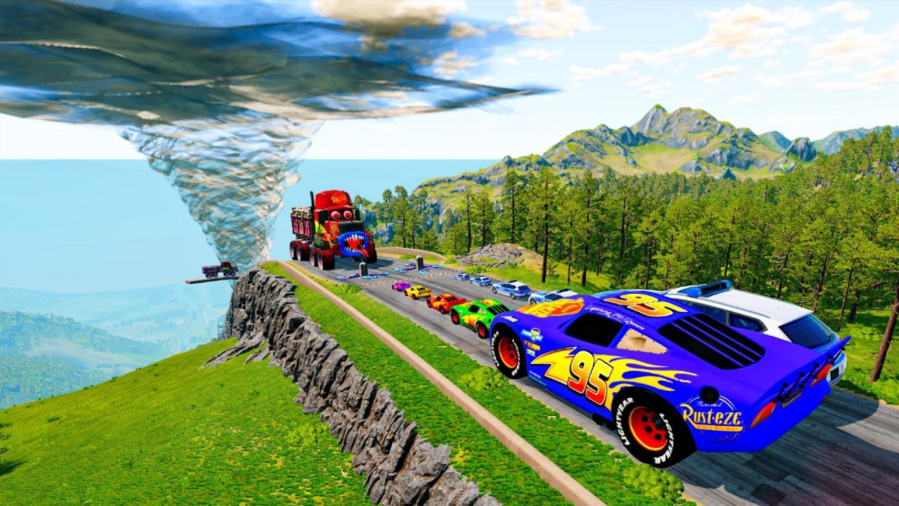 Big & Small McQueen & Police Car vs Zombie Mack, Tornado & Giant Downhill Race – BeamNG.drive