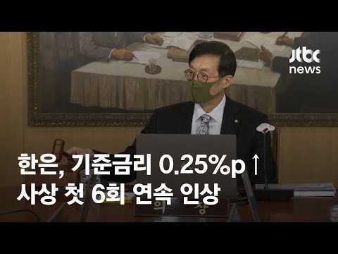 한국은행, 기준금리 0.25%p↑…사상 첫 6회 <strong>연속</strong> 인상 / JTBC <strong>News</strong>