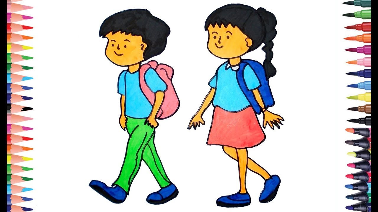 Draw School Boy And Girls Learning Coloring Pages For Children With Colored Markers Youtube Draw School Boy And Girls Learning Coloring Pages For Children With Colored Markers Youtube