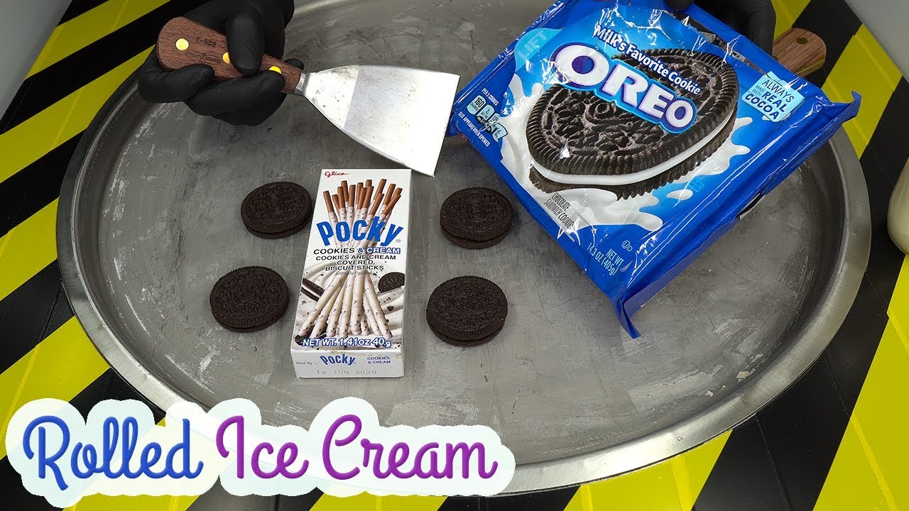 Oreo & Pocky Cookies and Cream Rolled Ice Cream Made with Oreo and