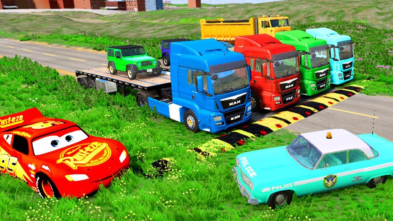 Грузовик с платформой Маккуин | Перевозка на грузовике — Выбоина против машины №15 — BeamNG.Drive