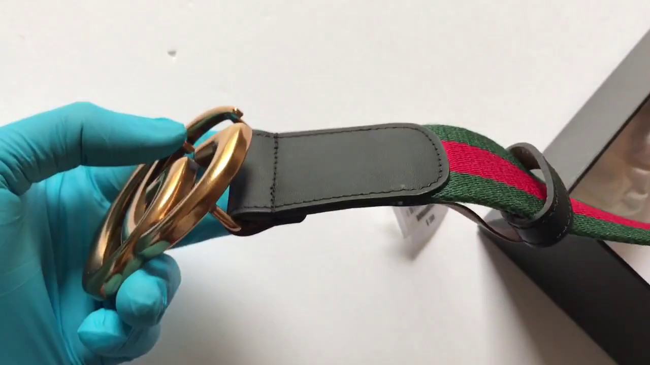 Gucci black leather green/red cotton double G buckle belt - YouTube