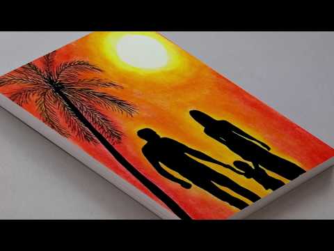 PARENTS DAY DRAWING WITH OIL PASTEL FOR BEGINNERS - EASY FAMILY SUNSET SCENERY DRAWING STEP BY STEP