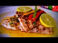 Grilled sea bass fish with creamy mashed potatoes and butter garlic mushroom sauce | (grilled fish)