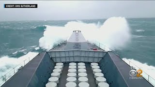 Royal Navy Ship Battles Big Waves During Storm At Sea