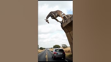 A giraffe is jumping down from large rock