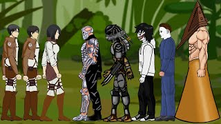 Mikasa Save Eren, Levi Ackerman Vs Pyramid Head, Jason, Predator, Michael, Jeff - Drawing Cartoons 2