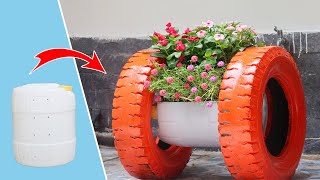 Amazing flower Pot | Recycling Plastic Barrel and tires into garden spools planter | Garden ideas