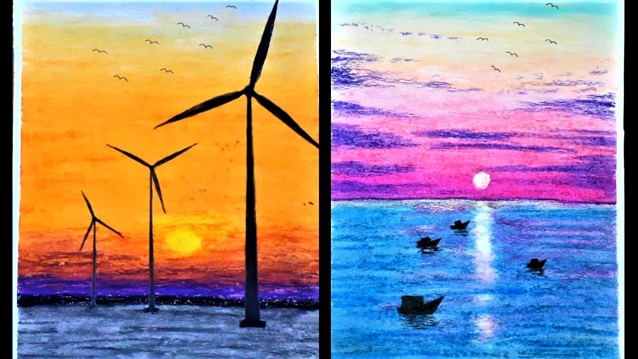 4 bản vẽ phong cảnh biển đơn giản - vẽ tranh bằng màu sáp dầu - hung art -  YouTube