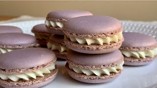 只要一顆蛋、不結皮做法，紫羅蘭乳酪餡法式馬卡龍 Violet Cream Cheese French Macarons｜如何設置美式大烤箱的馬卡龍溫度~