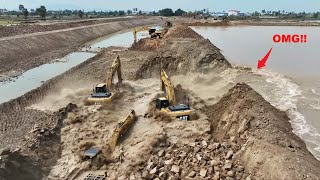 OMG!! WOW!! 😱 Excavator Takes Big Risk in Canal Construction — Bulldozer & Dump Truck Support