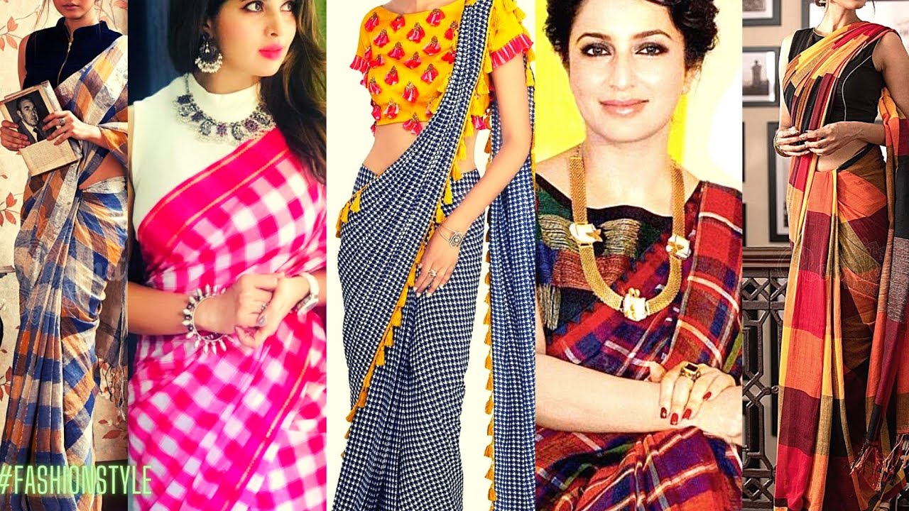 Stylish & Decent Checked Print Saree Designs For Office Wear ...