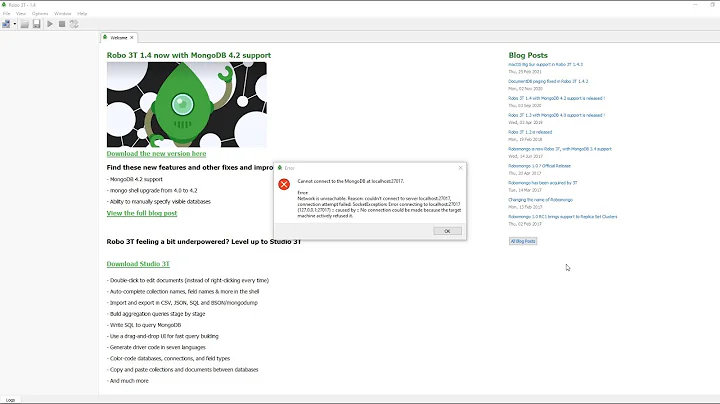 Cannot connect to the MongoDB at localhost:27017.