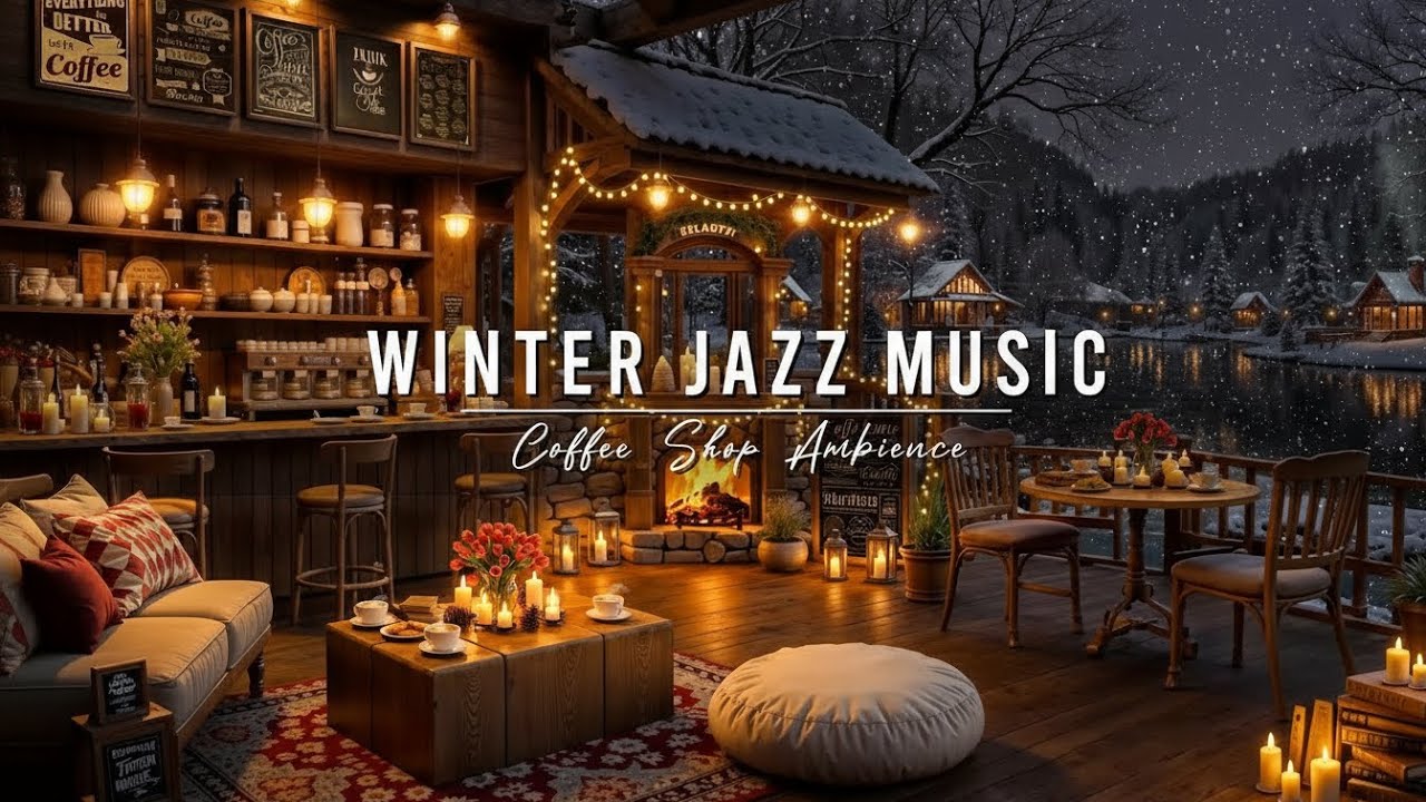 Winter Coffee Shop Ambience with Warm Jazz Music & Crackling Fireplace⛄ Relaxing Piano Jazz Music