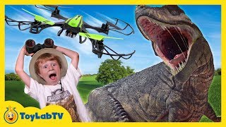 Giant Dinosaurs & Drone Attack! T-Rex Chase with Nerf & Jurassic World Dinosaur Toys for Kids