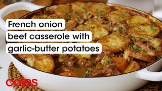 French onion beef casserole with garlic-butter potatoes