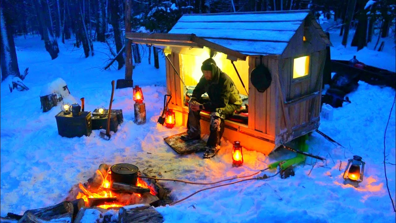 Snowmobile Camper with Off Grid Heater- Surviving the Night in -18C / 0F Temperature!