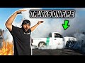 Trucks catch on fire in the burnout pit INSANE