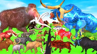 Prehistoric Animals 10 Woolly Mammoth Mastodon Elephant vs 10 Giant Big Bulls Epic Battle Simulator