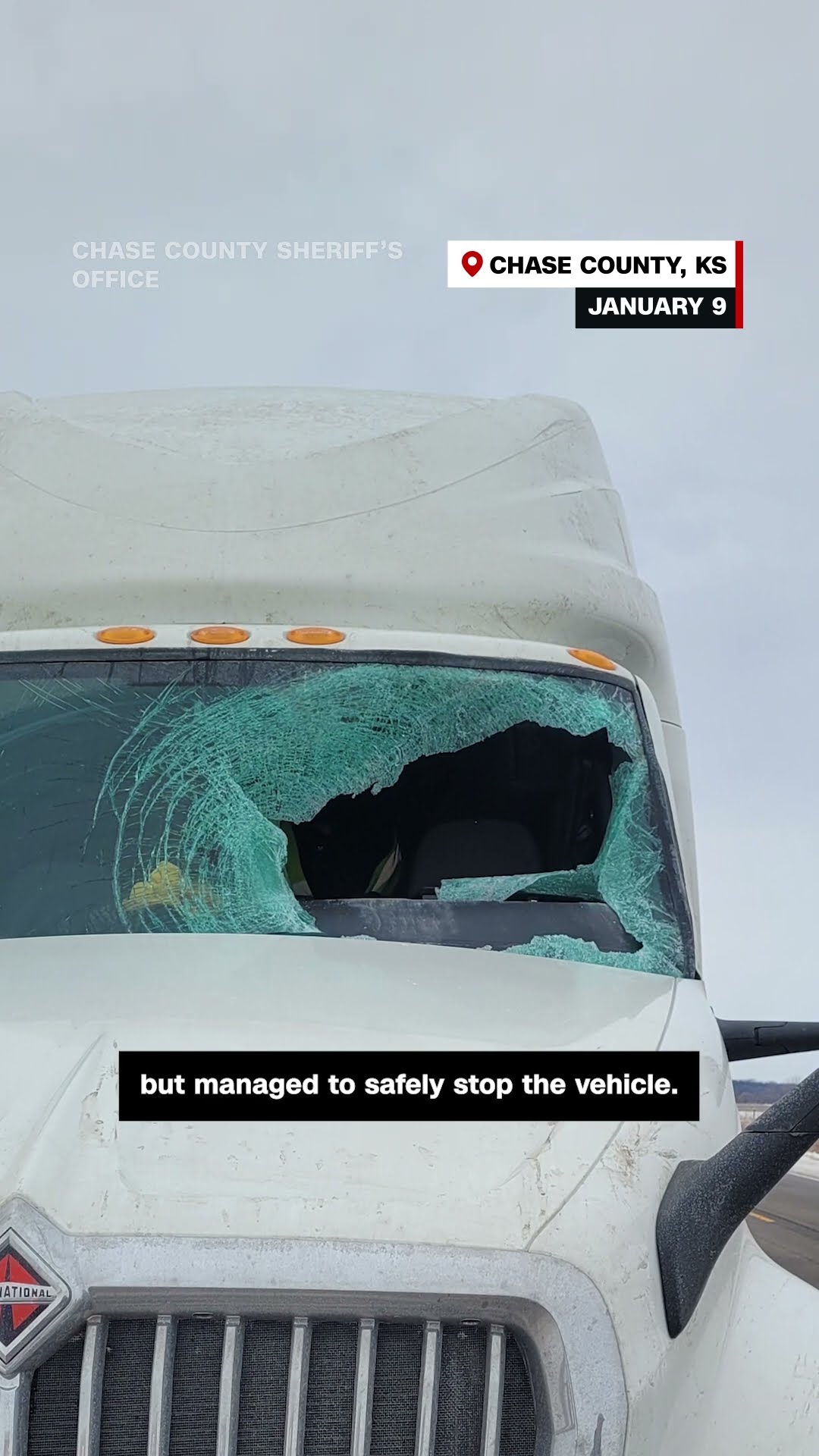Ice flies off a moving car and smashes into a passing truck’s windshield