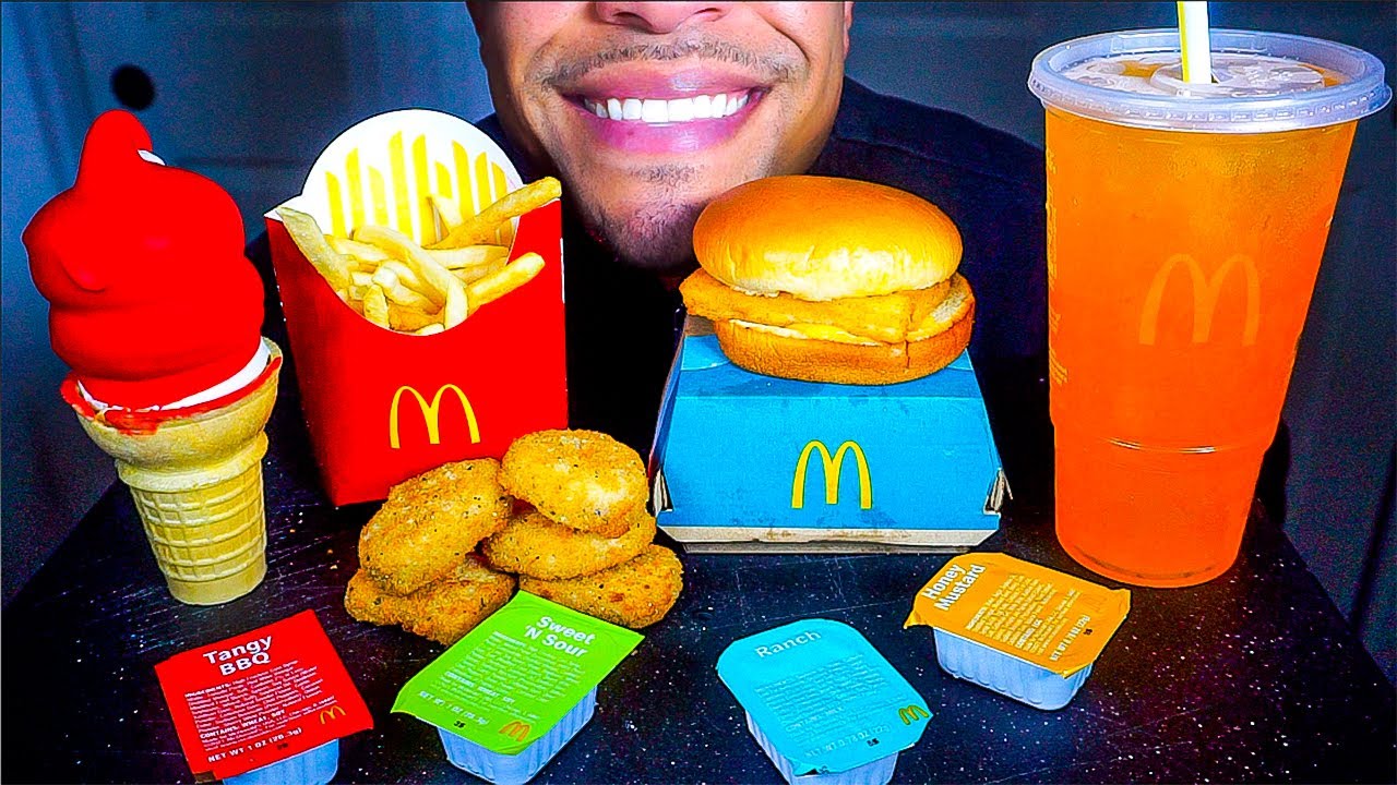 ASMR | MCDONALDS CHICKEN NUGGETS ICE CREAM CHERRY RED DIPPED CONE | FISH FILLET FRENCH FRIES | MUKBA