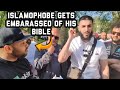 Islamophobe gets trapped by his own bible ali dawah and visitor speakers corner