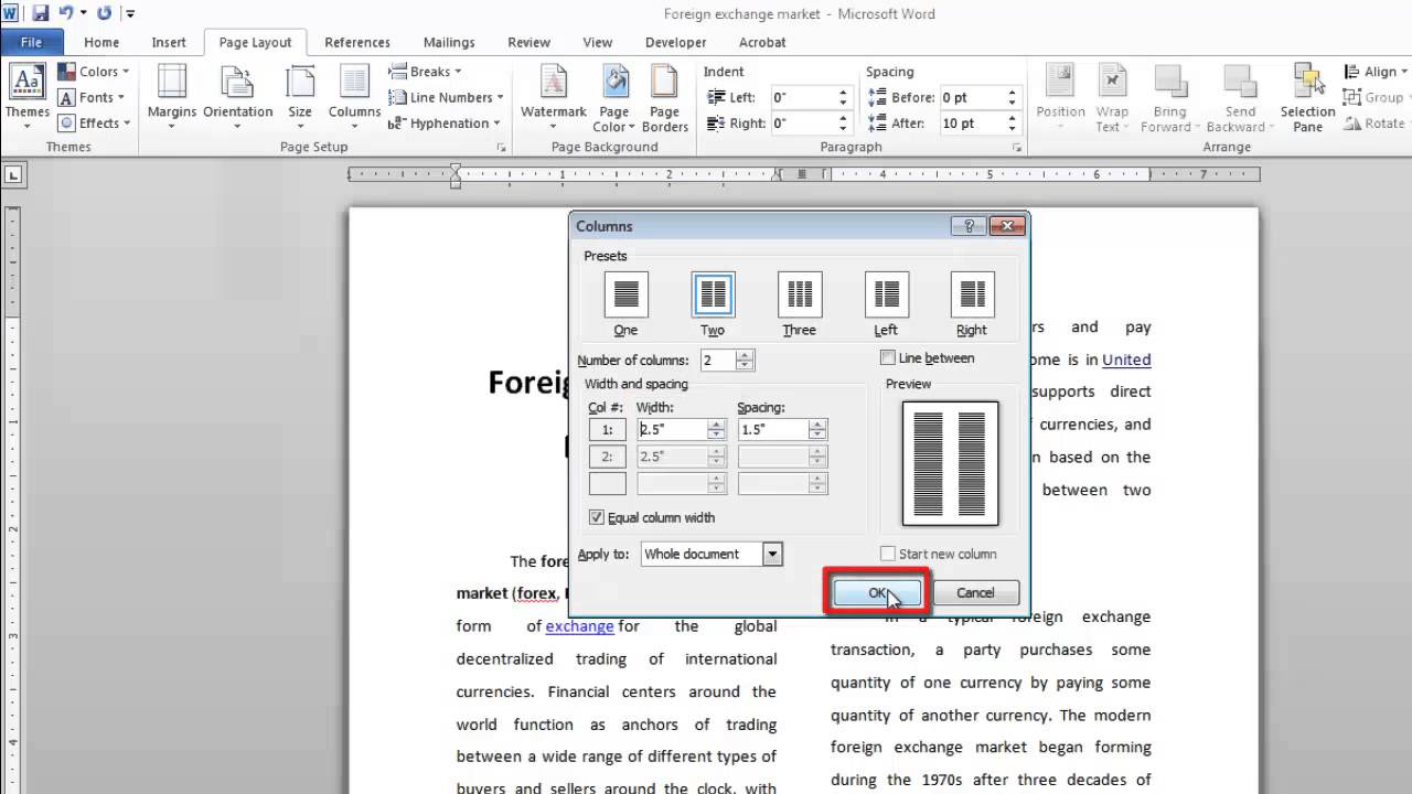 how to move from column to column in word