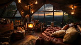 Cozy Tent Ambience: Crackling Fireplace & Stunning Sunset Gazing Experience | Resting Area