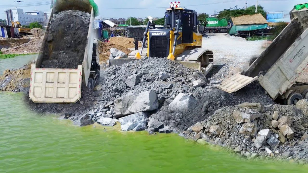 Perfectly Powerful Bulldozer Shantui C3 Push Stone into Water With Dump Truck 25ton 