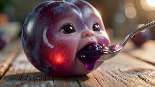 "Plum Baby's Sweet Spoonful | Hyper-Realistic Fruit Character Macro Animation"