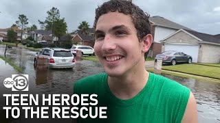 Students in Pearland help push stranded cars out of floodwaters