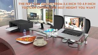Clear Tempered Glass Computer Monitor Riser with Height Adjustable Multi Media Desktop Stand