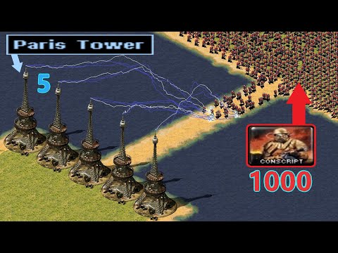 5 Paris Towers vs 1000 Conscripts - Bridge test - Red Alert 2