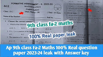 💯ap 9th class fa2 maths real question paper 2023-24|ap 9th class maths fa2 exam answer key 2023