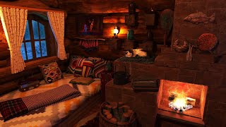 Deep Sleep in a Cozy Winter Hut and Cat | Fireplace, Snowfall & Blizzard Sounds