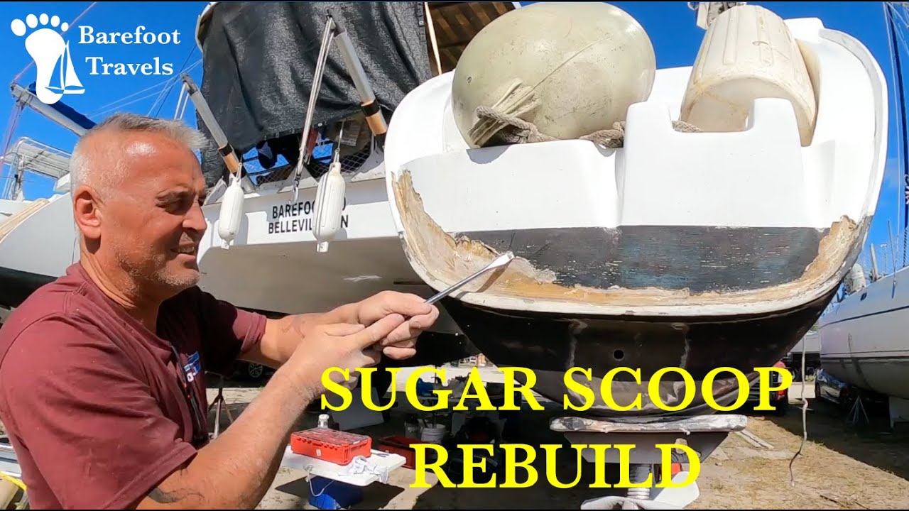 Sugar Scoop Rebuild –  Fibreglass, Fairing and Painting – BOAT WORK (S4 E47 Barefoot Travels)