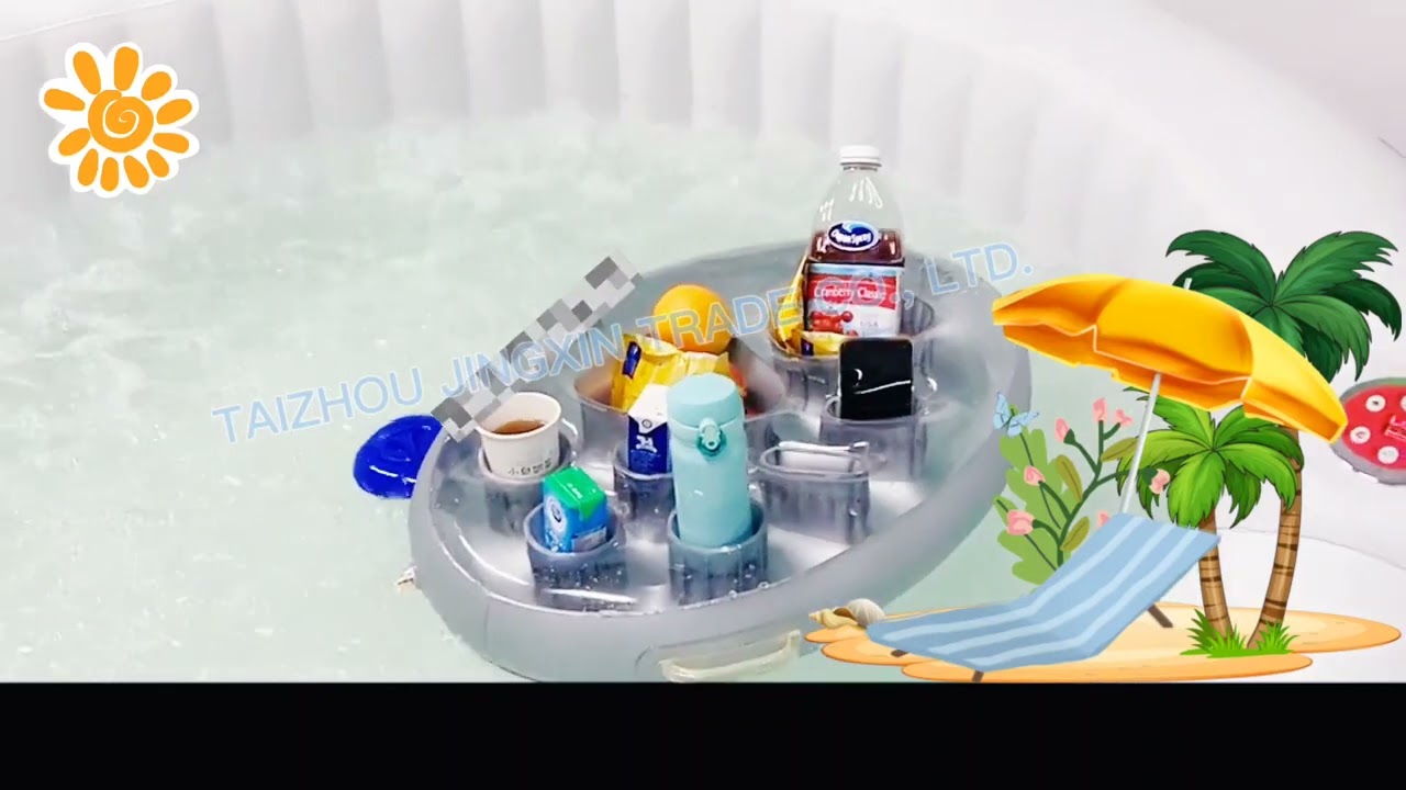 Inflatable trays and drink holders floating on the pool and hot tub