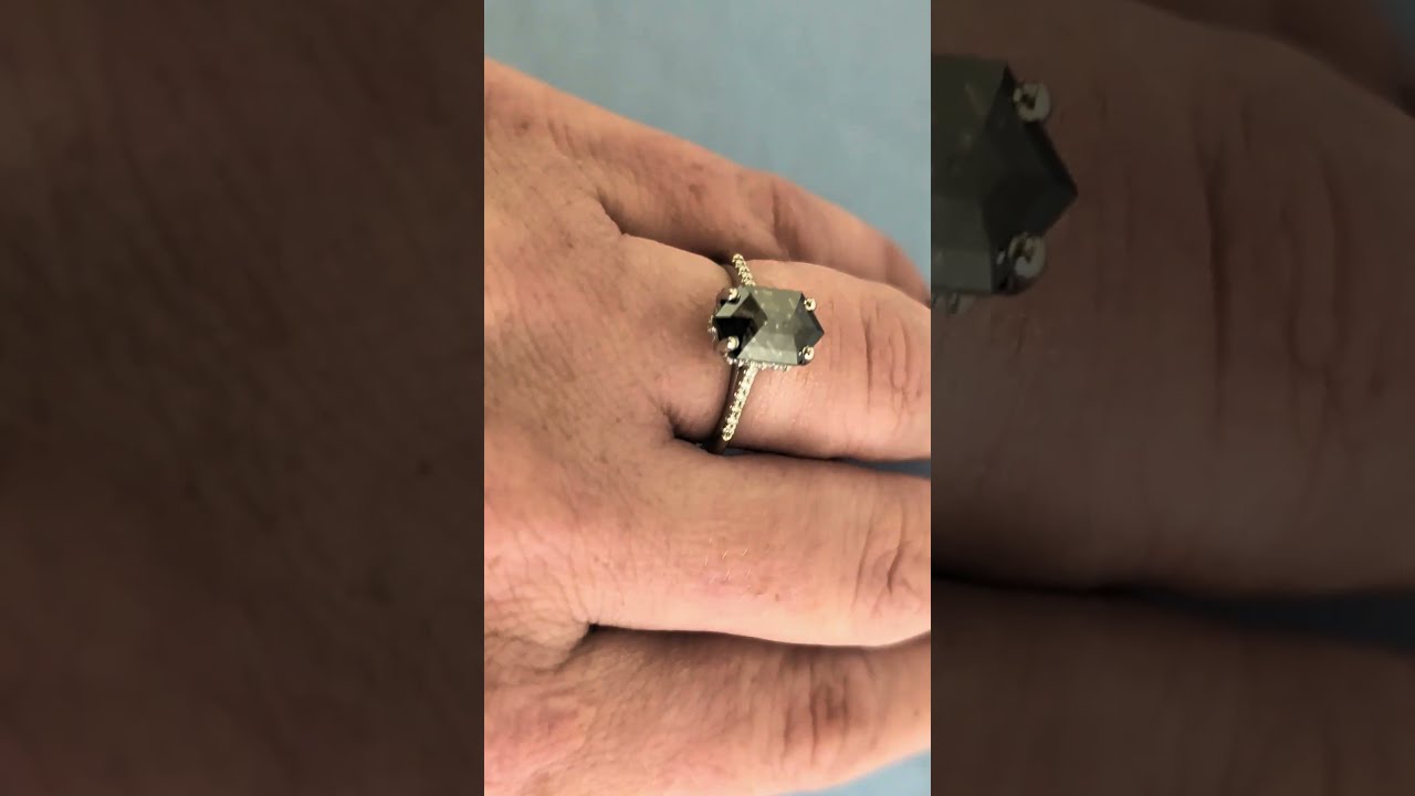 Hexagon Engagement Ring, Salt and Pepper Diamond Ring, Hidden Halo Platinum Ring, Half Eternity Ring