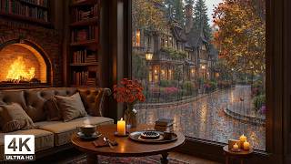 Soft Autumn Rain at Cozy Coffee Shop 🍂 Jazz Piano Playlist & Crackling Fire for Reading, Studying screenshot 3