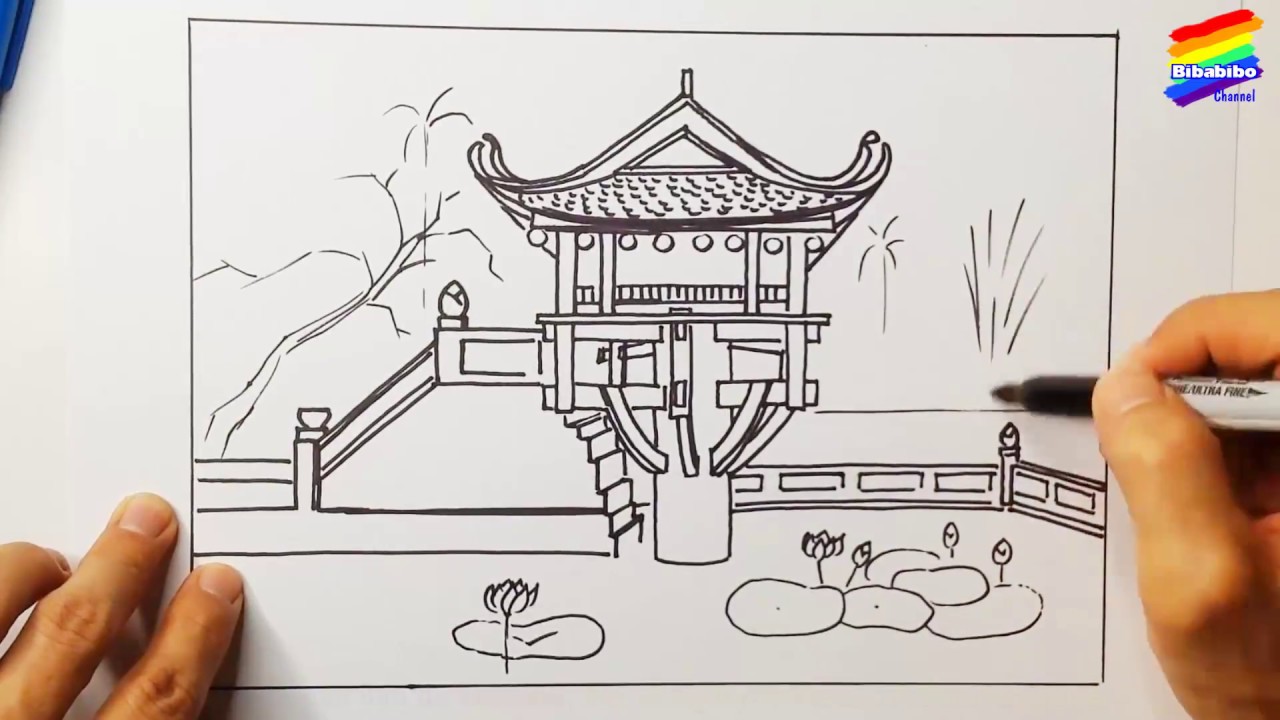 Vẽ Tranh Phong Cảnh Chùa Một Cột, Chùa Diên Hựu | Draw One Pillar Pagoda |  Bibabibo Channel - Youtube