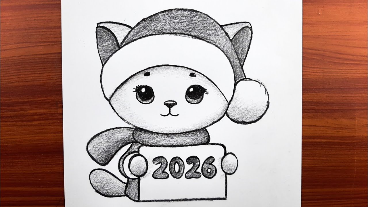Kolay yeni yıl çizimi 2026 - Adım adım sevimli kedi resmi nasıl çizilir
