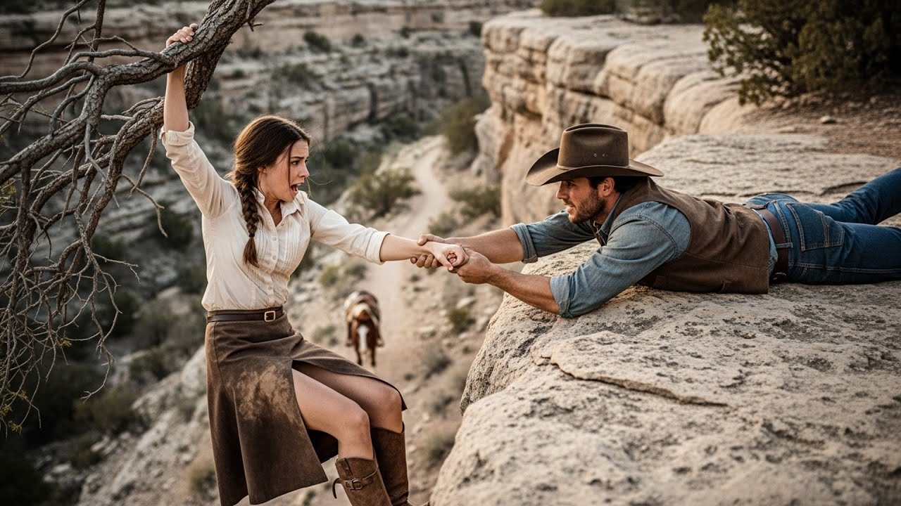 She Was Hanging Off The Cliff By A Root, The Cowboy Laid Down And Pulled Her Up To Safety Slow