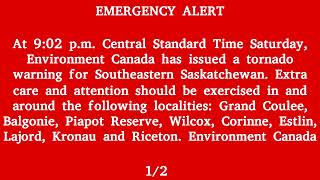 Environment Canada, Alert Ready - Tornado Warning, Regina and Surrounding Areas, Saskatchewan