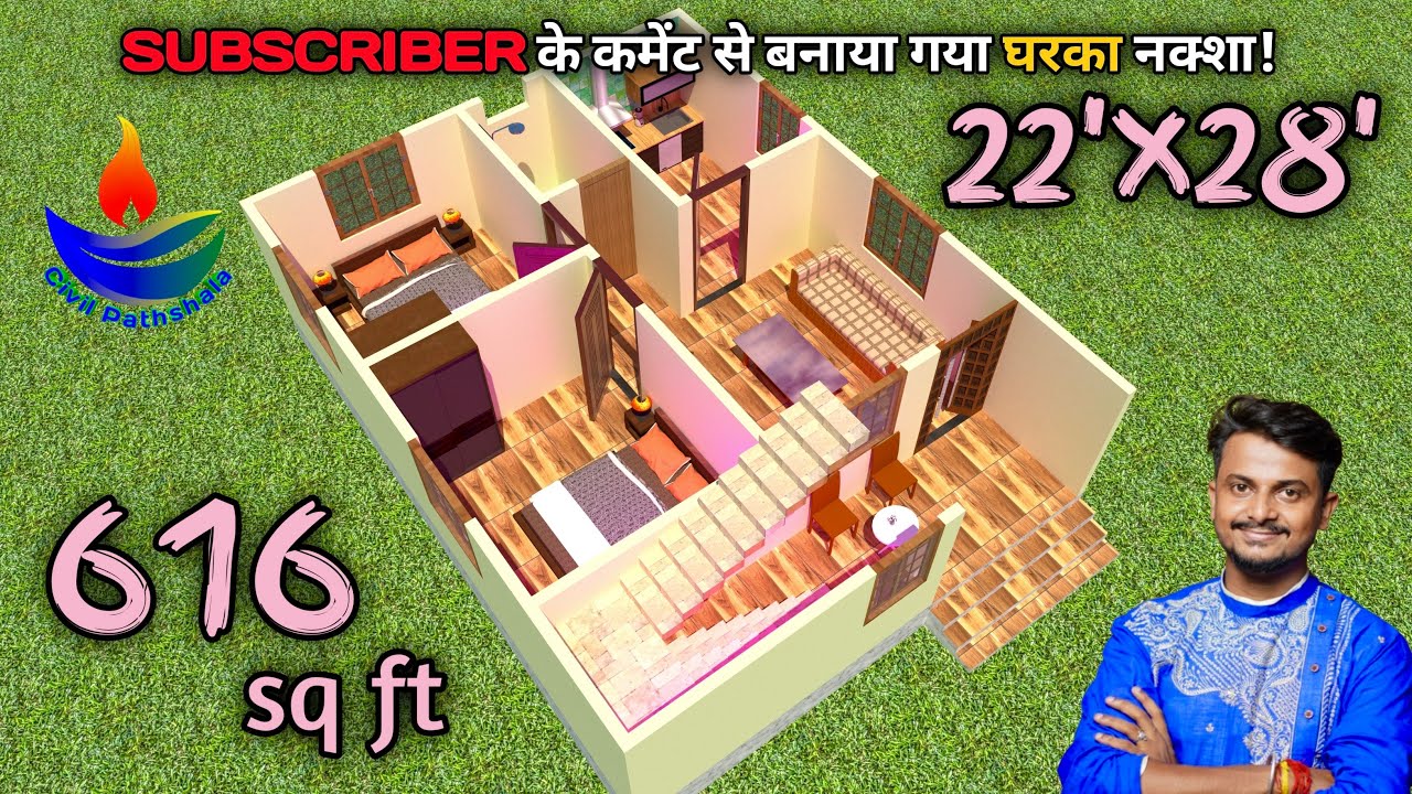 22x28 Feet 2 Bedrooms House Plan with Furniture Placement | 22*28 Home Plan| Small Rental House Plan
