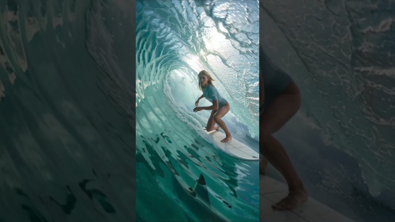 Woman Surfer Encounters Big Shark in a Barrel Wave! (Unbelievable Moment),real? 
