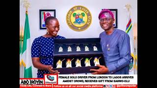 FEMALE SOLO DRIVER FROM LONDON TO LAGOS ARRIVES AMIDST CROWD, RECEIVES GIFT FROM SANWO-OLU