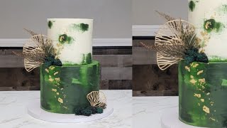 Tri-Toned Green Watercolor Edible Moss Cake | Edible Gold Leaf | Cake Decorating Tutorial