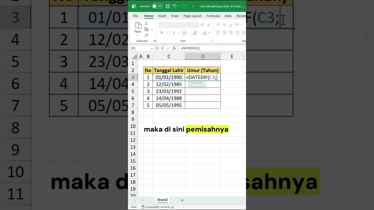 Cara Menghitung Umur di Excel  #tutorialkomputer #excel #belajarkomputer #exceltips #exceltutorial